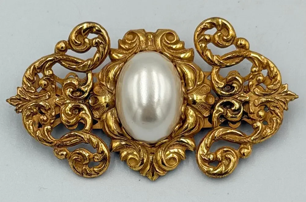 Miriam Haskell Faux Pearl, Russian Gilt Filigree Brooch Signed